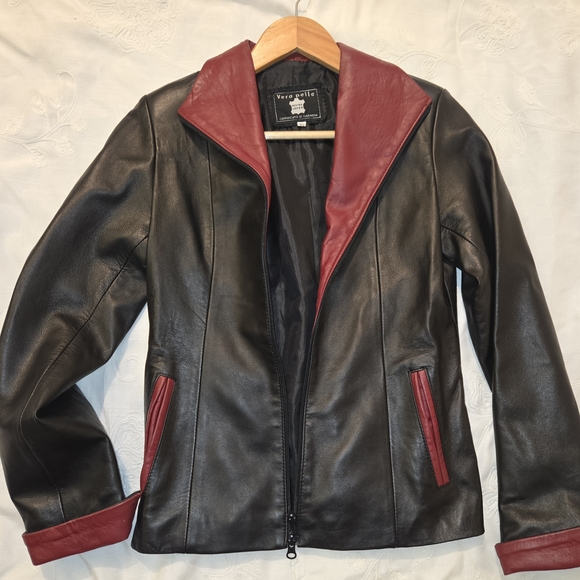 Vera Pelle Black Leather Jacket with Red Accents - Picture 1 of 7
